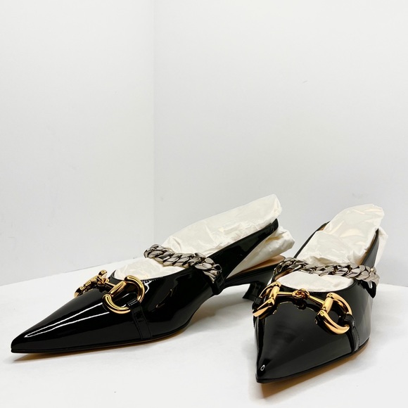 GUCCI Black Patent Leather Horsebit Chain Pumps Size 40 9.5 616596 Runway Shoe - Picture 7 of 16